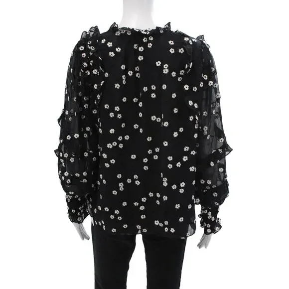 Rebecca Taylor Womens Floral Print Ruffled Button DownBlouse Black White Size 8 - Picture 3 of 7